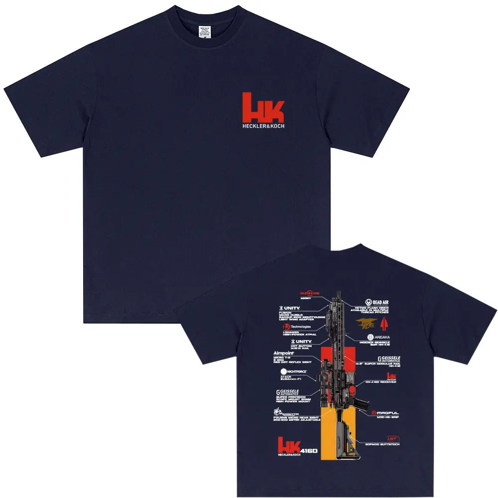 Camiseta HK416 azul marino, delante y detrás