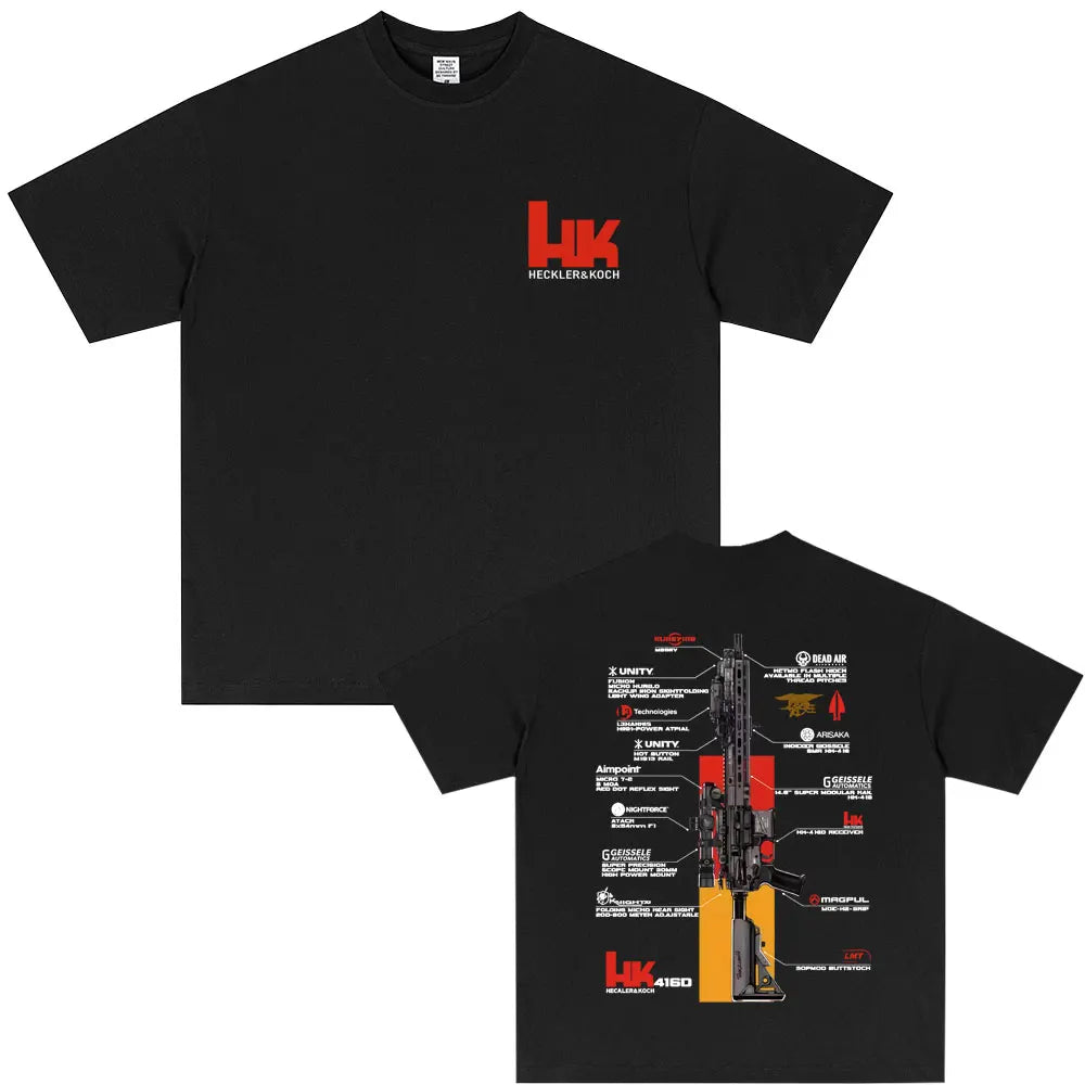 Camiseta HK416 negra, delante y detrás