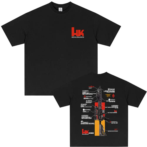 Camiseta HK416 negra, delante y detrás