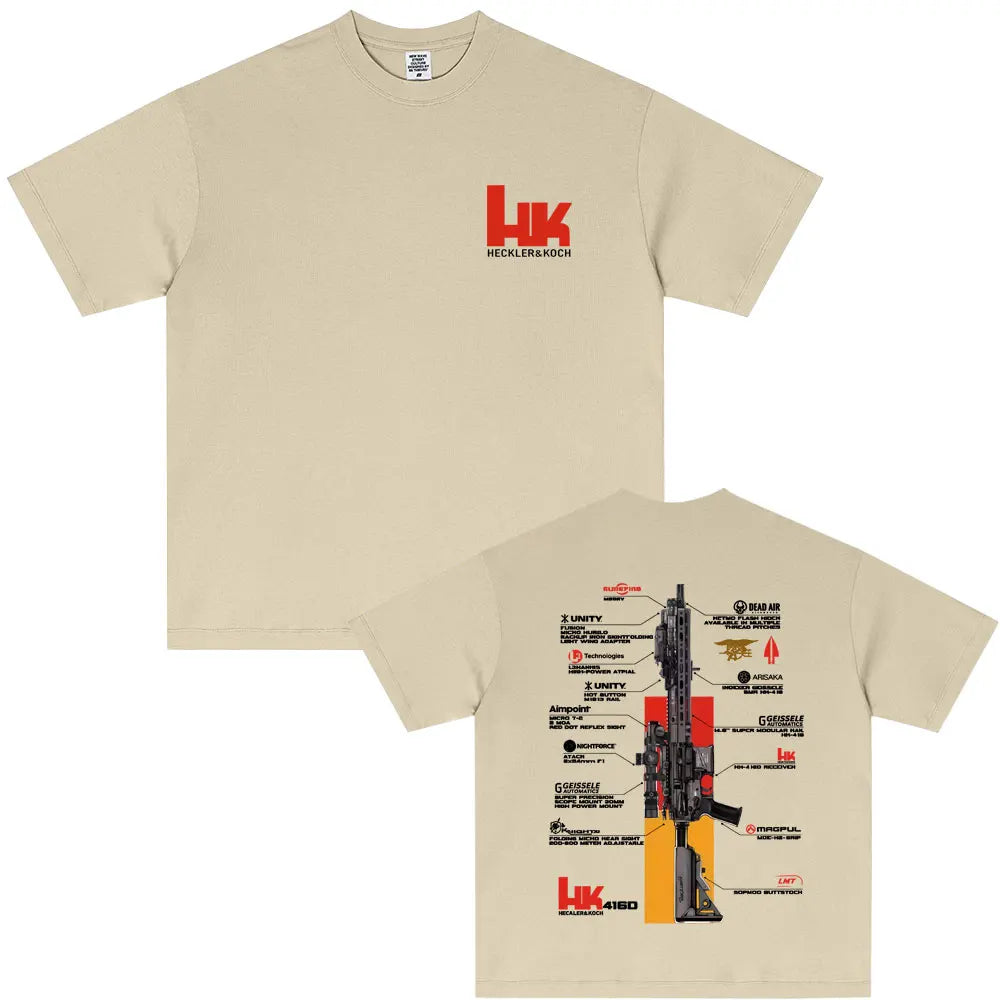 Camiseta HK416 color arena, delante y detrás