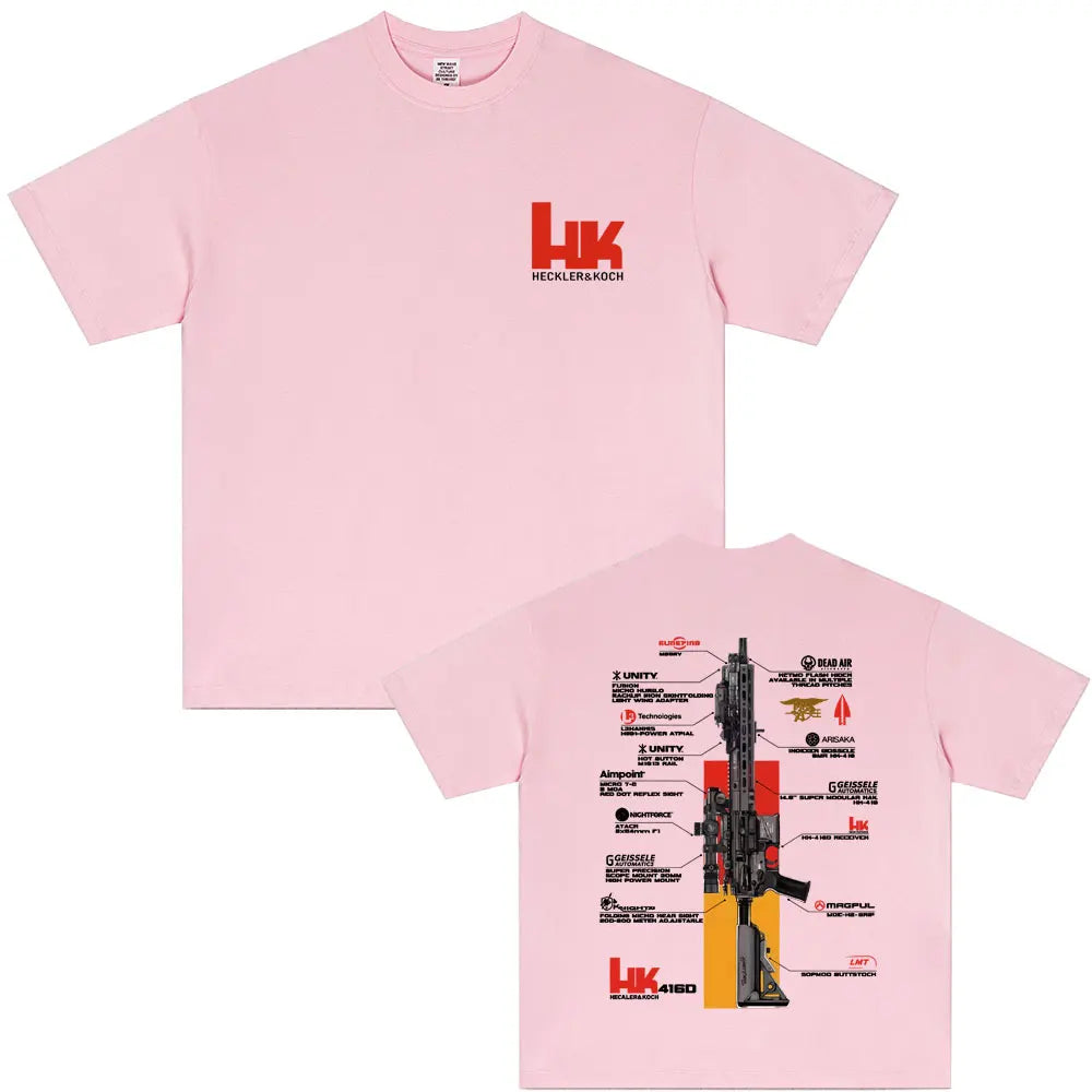 Camiseta HK416 rosa, delante y detrás