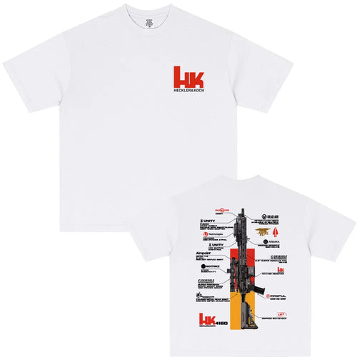 Camiseta HK416 blanca, delante y detrás