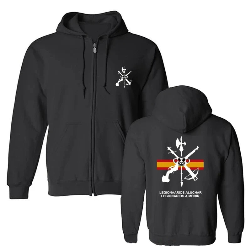Sudadera Legión Española negra con cremallera, delante y detrás