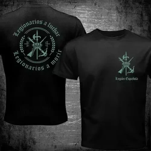 Camiseta Legionarios a Luchar negra, diseño escudo pequeño
