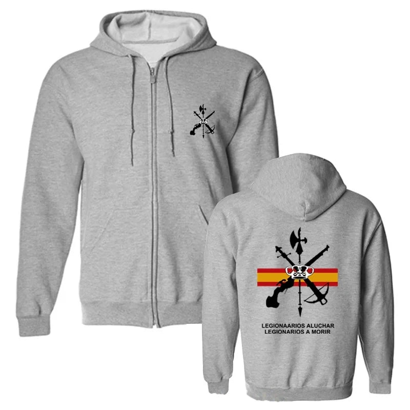 Sudadera Legión Española gris con cremallera, delante y detrás